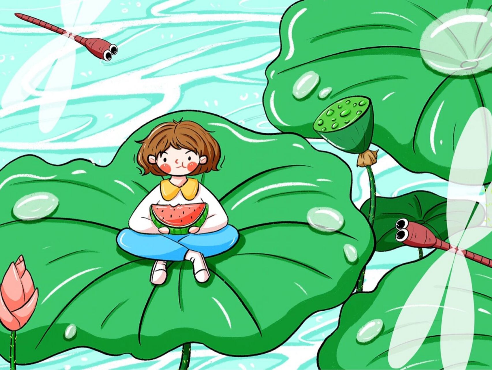 插画|荷塘之戏荷钓鱼 夏天荷塘风景秀丽 荷塘里有什么呢?