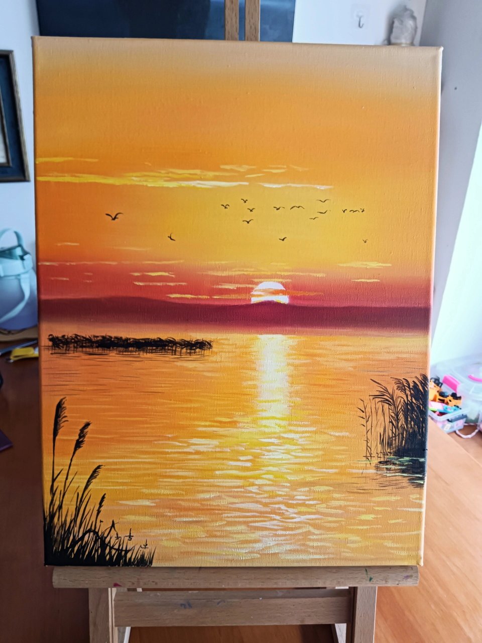 又一幅落日黄昏油画海景 这幅是晚上画的,灯光照的拍出来颜色不好看