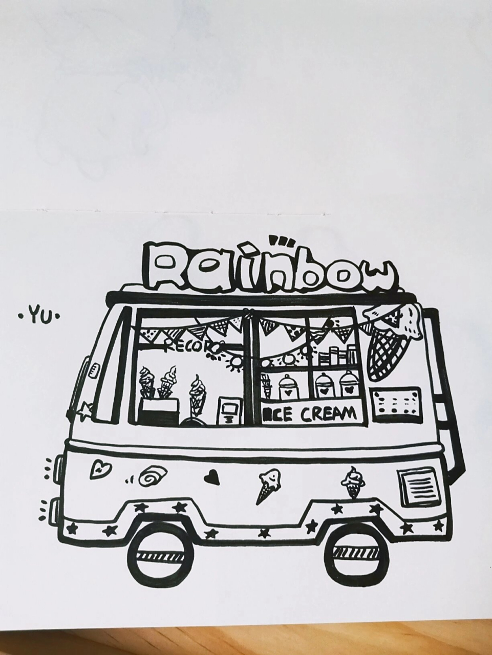 黑白简笔画冰淇淋车 冰淇淋车,贩卖甜蜜7315