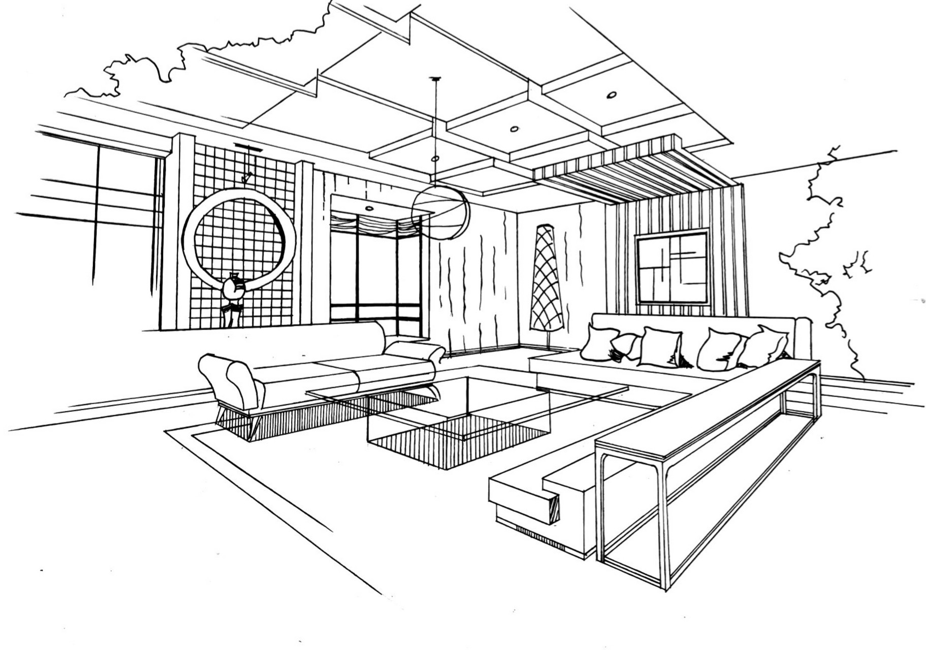 室内设计手绘两点透视(附教程) 绘画步骤981.先定点 2.