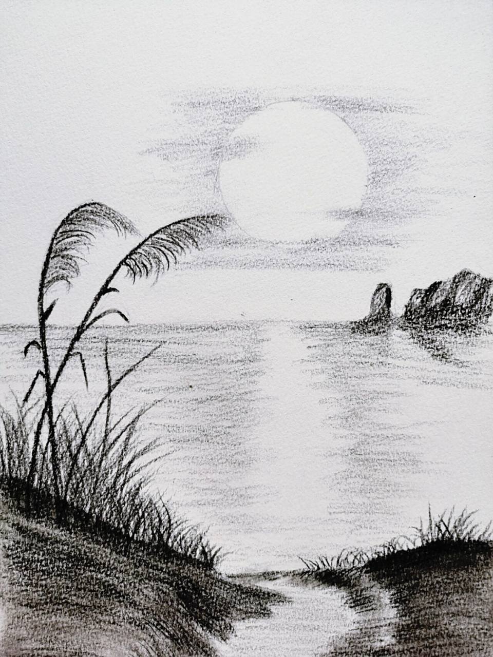 素描 风景 江边日出 天际霞光入水中,水中天际一时红.