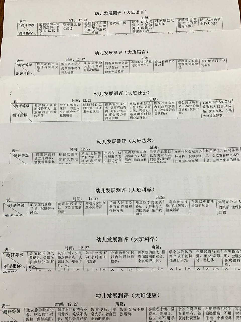 真棒?幼儿园大班五大领域发展评价测评表