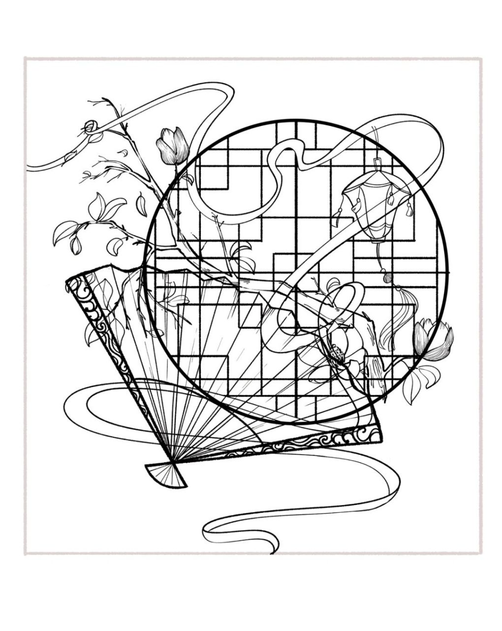 国风线稿插画52/100|聂怀桑的玄铁扇 大家有留意到聂导的折扇上面的几