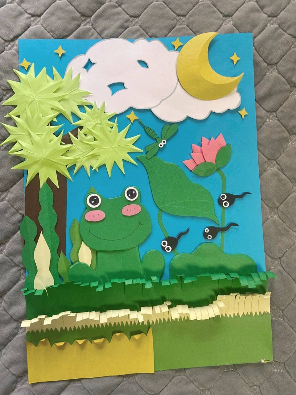 荷塘纸浮雕 快乐的一只小青蛙90,简单好看的纸浮雕来了作品临摹做了