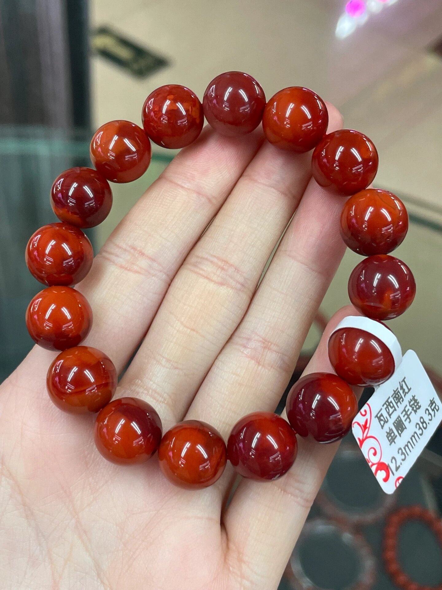 稀有的——南红玫瑰95红 原矿南红瓦西料玫瑰红手串,满色满肉玫瑰