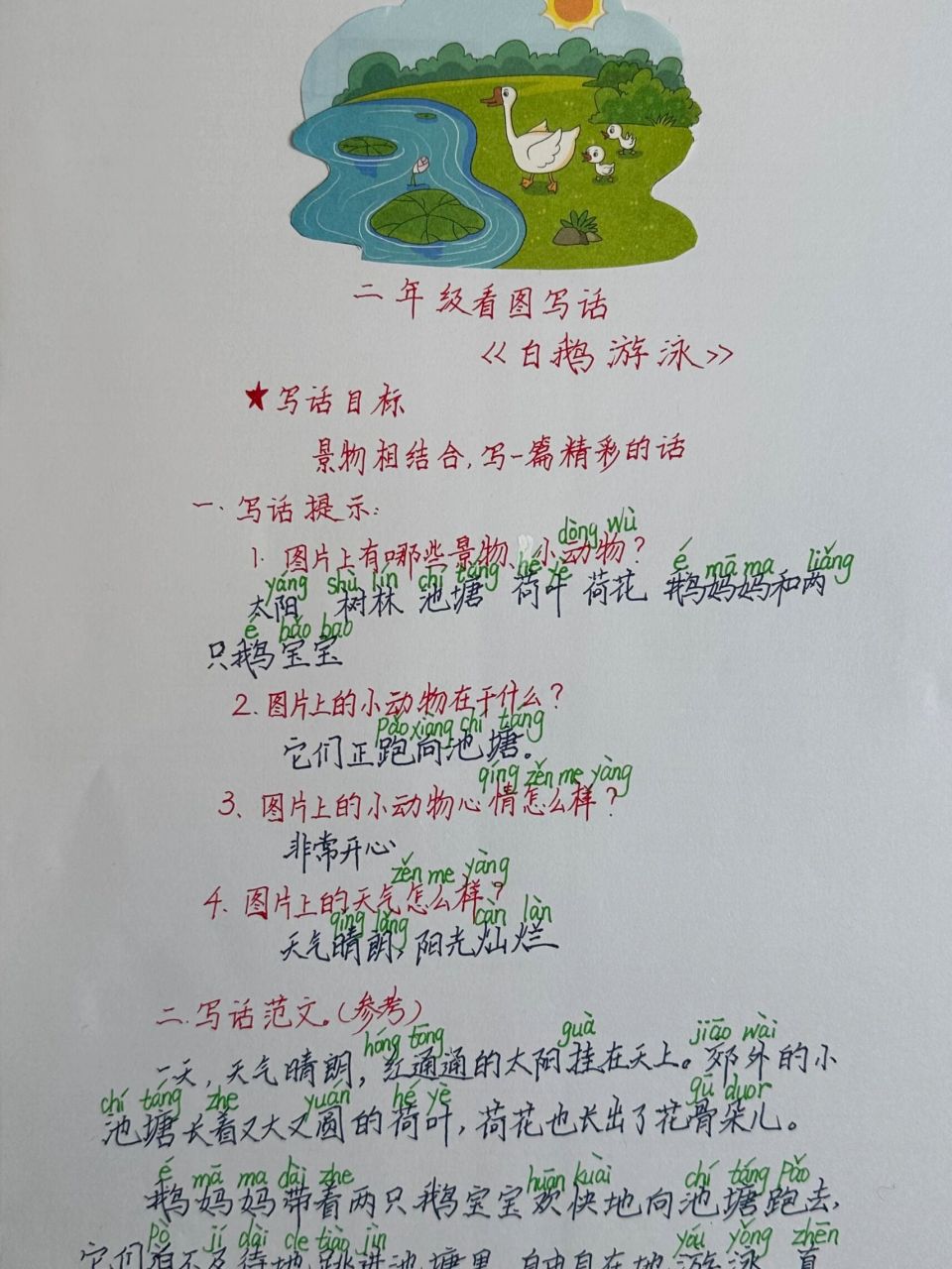 看图写话《白鹅游泳》:景物相结合,写一篇精彩的话(附范文)