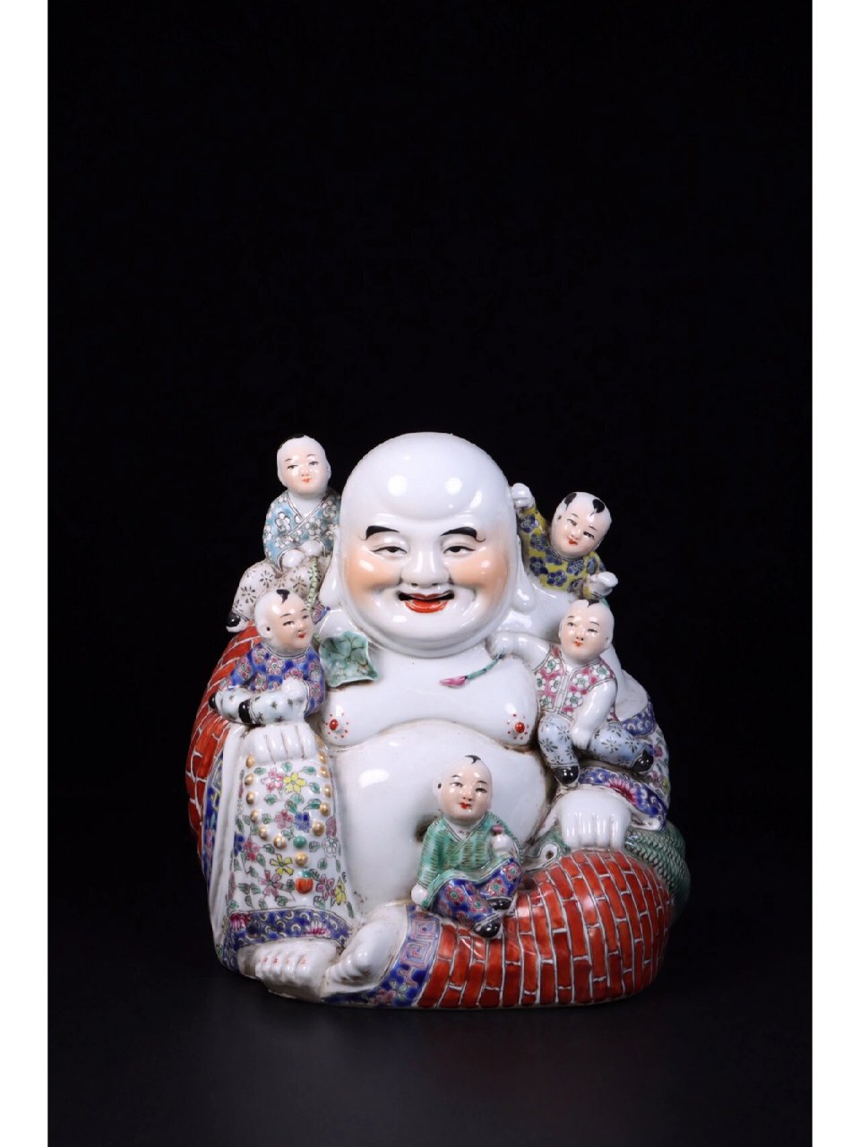 民国:名家款重功粉彩"五子登科"弥勒佛摆件. 尺寸:宽18.