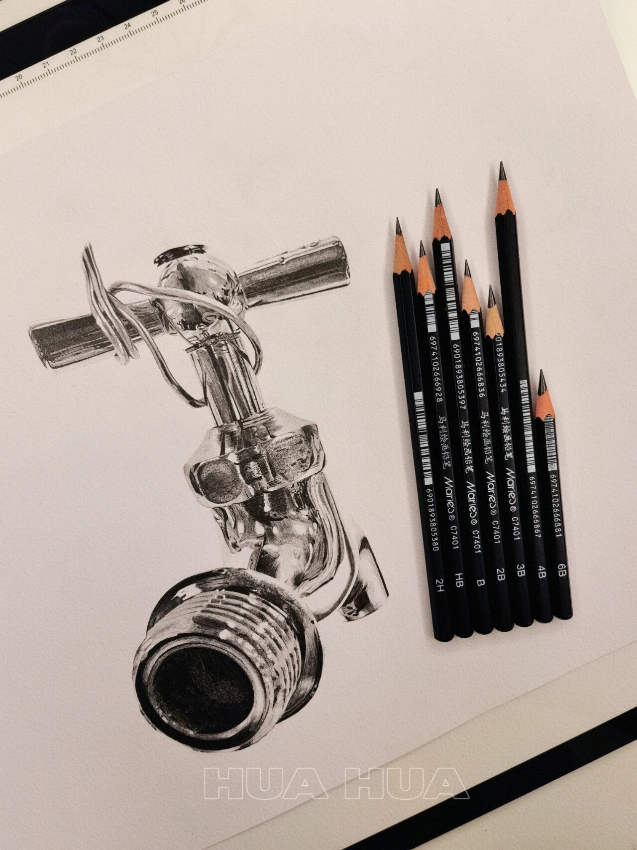 手绘·素描金属质感嘎嘎强的水龙头 黑白素描超写实手绘金属质感水