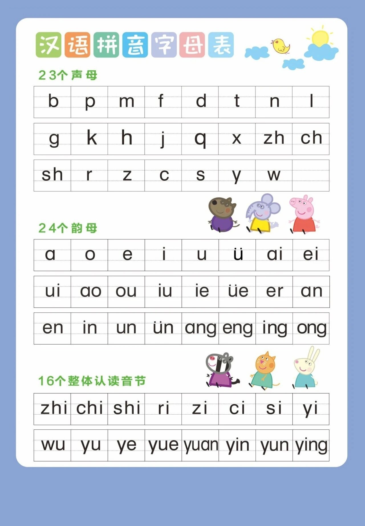 汉语拼音表声母韵母整体认读音节