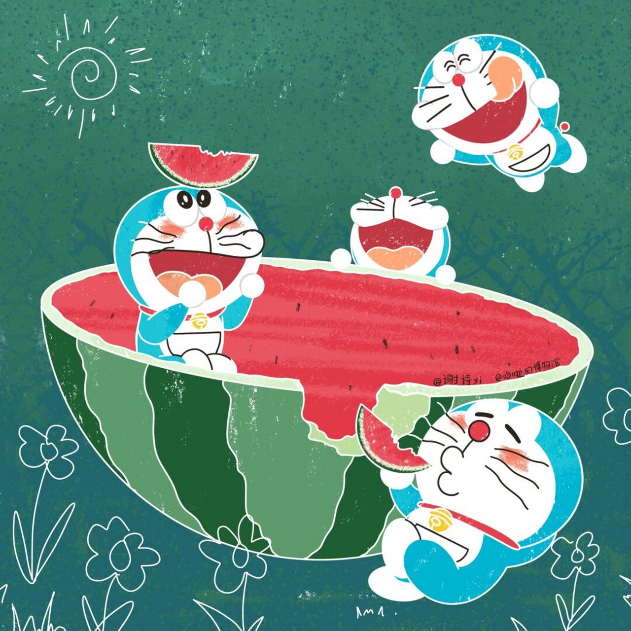 小哆啦爱吃大西瓜 绘图:哆啦的博物馆7015谢诗yi #简笔画# #哆啦a