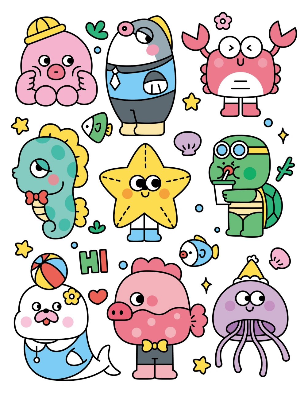 海洋生物总动员 | 萌系简笔画 | doodle风 可授权 91工具:ai 海洋