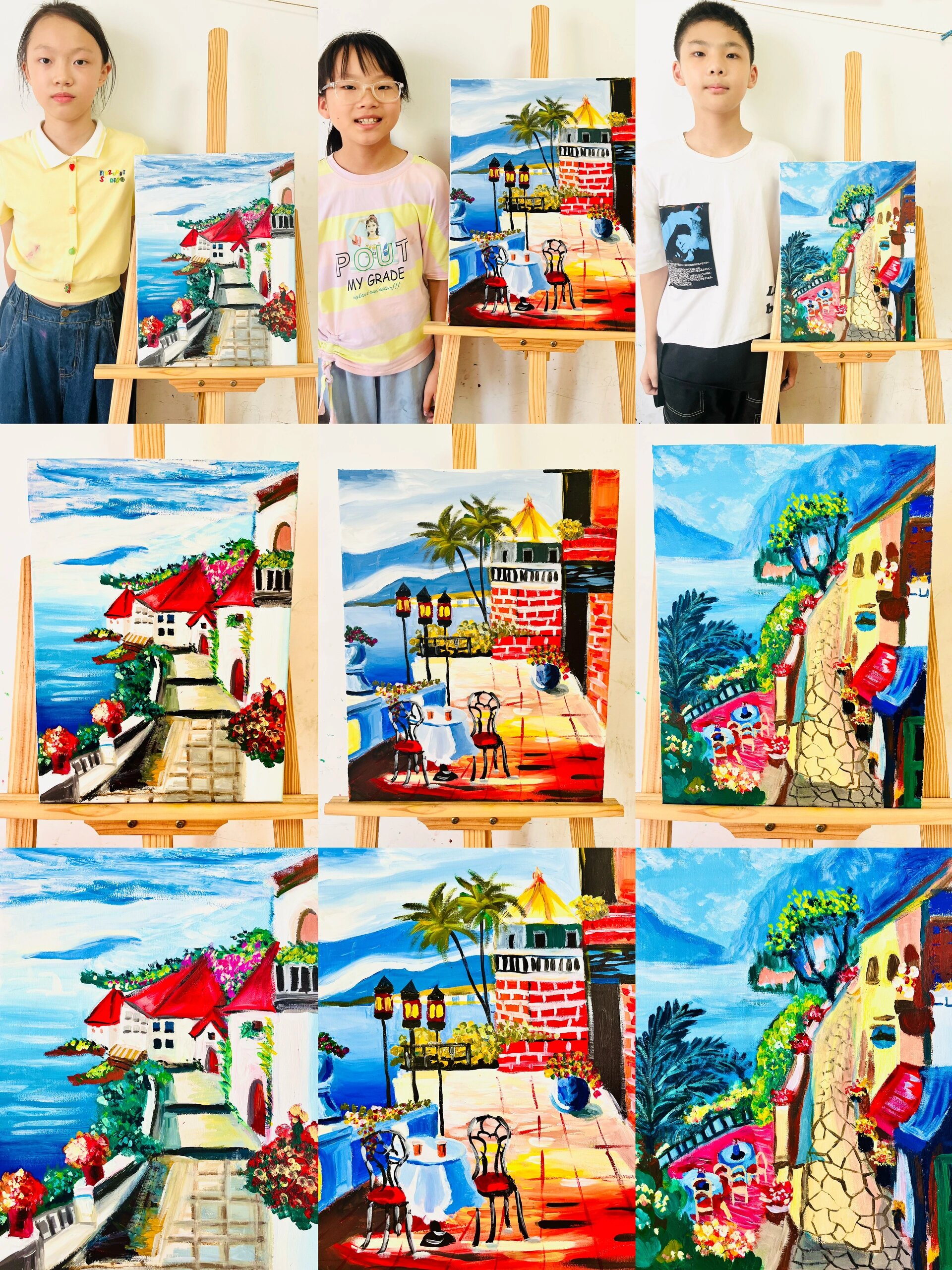 儿童水粉画 海边小镇