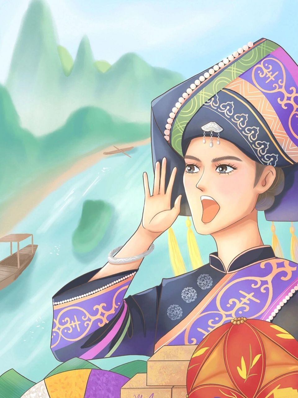 主题是:三月三  主题是:三月三 	 壮族会在这天对歌,抛绣球 吃物色