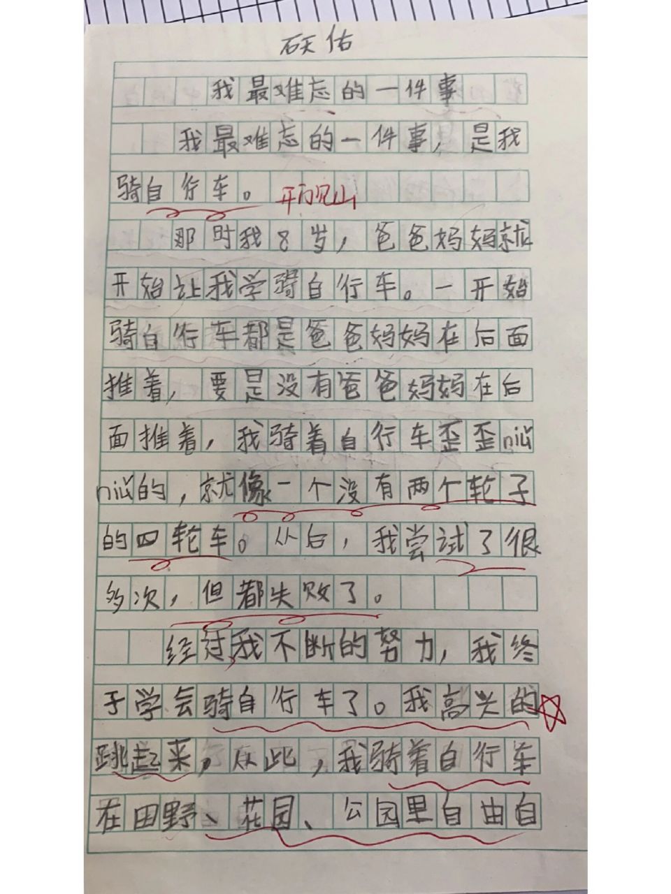 作文《我最难忘的一件事》   很有意义的一次学骑自行车