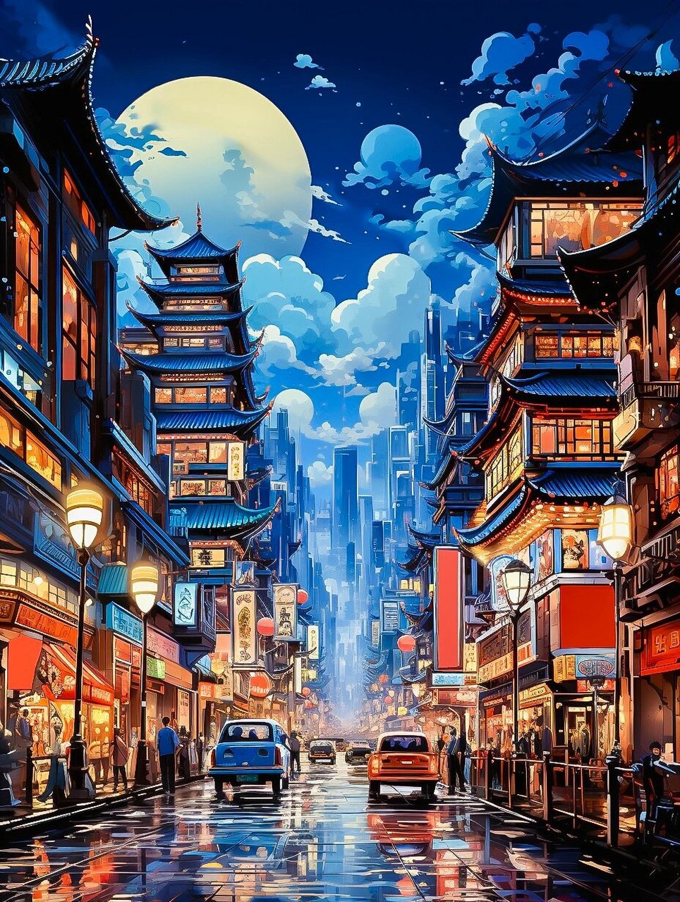 繁华的二次元国潮街道 colorful painted chinese shanghai street