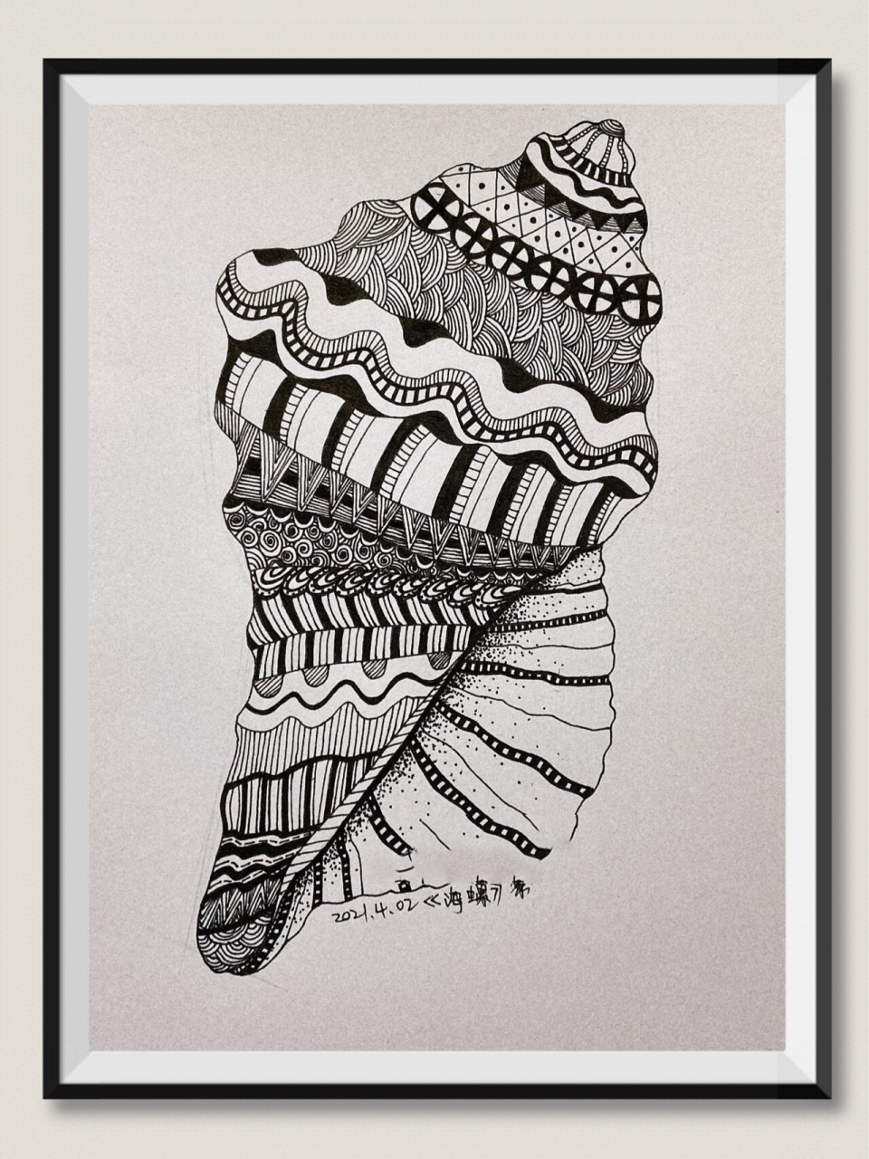 黑白线描装饰画 《海螺》 绘图工具:素描纸,铅笔,签字笔 临摹