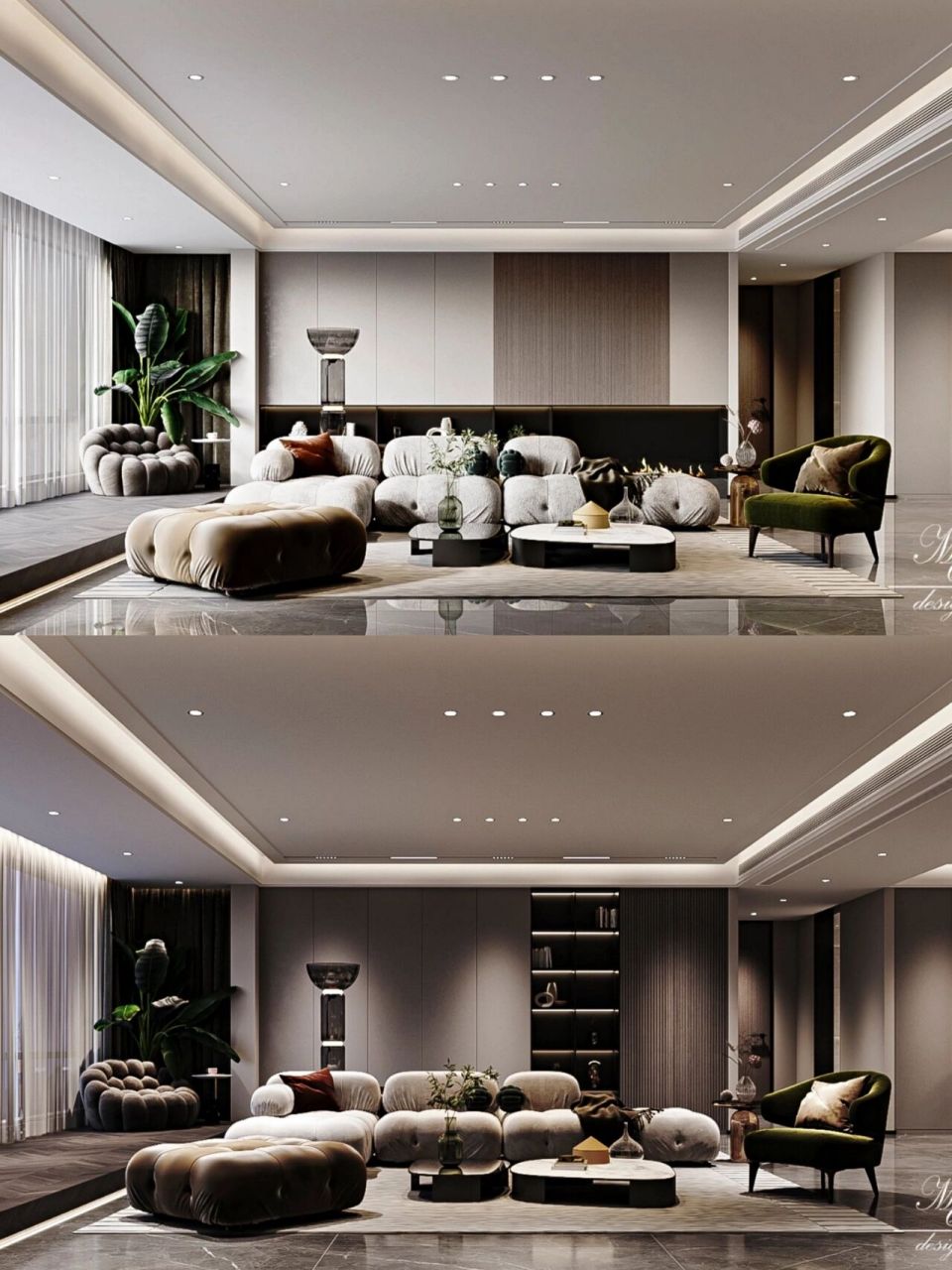 装修灵感 现代意式轻奢风大平层客餐厅设计 深浅对比的效果图 暗色系