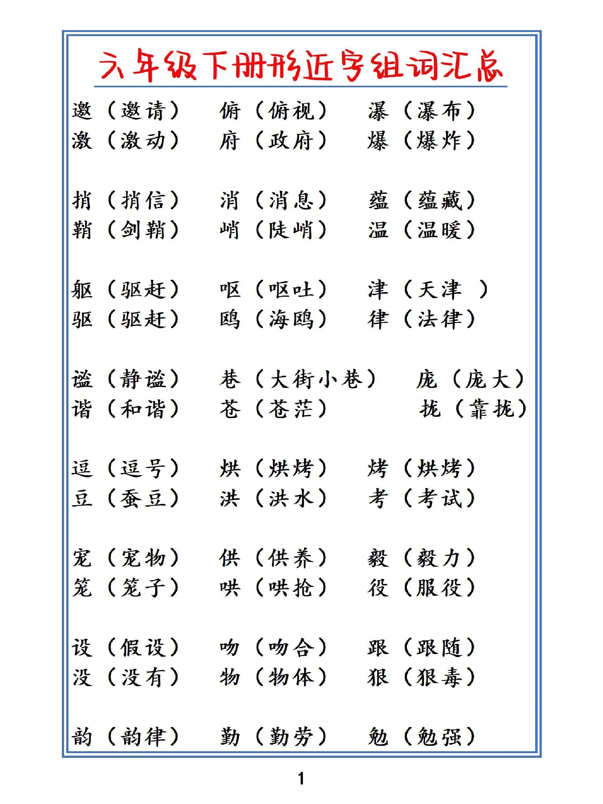 六年级下册形近字组词汇总