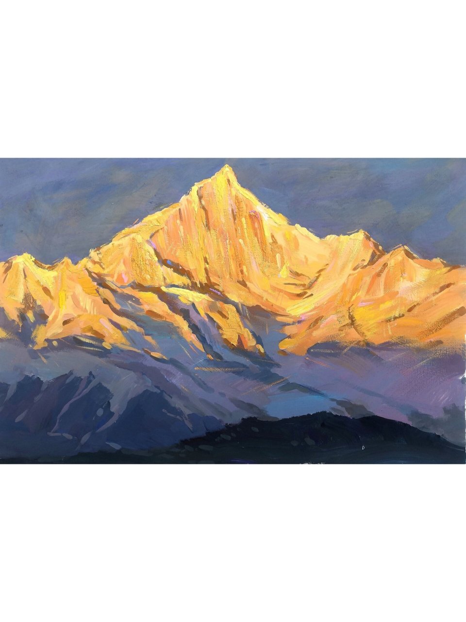 水粉风景,日照金山. 画面几大块色拉开对比,重点突出金山的光感.