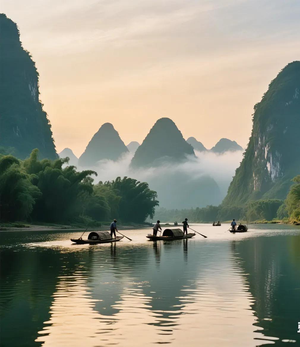 漓江蜿蜒,似一条青罗带飘落在万峰之间