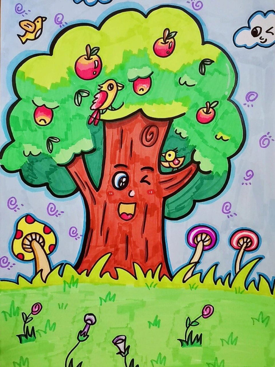儿童画《苹果树》 尽量每天更新一下.马克笔涂色
