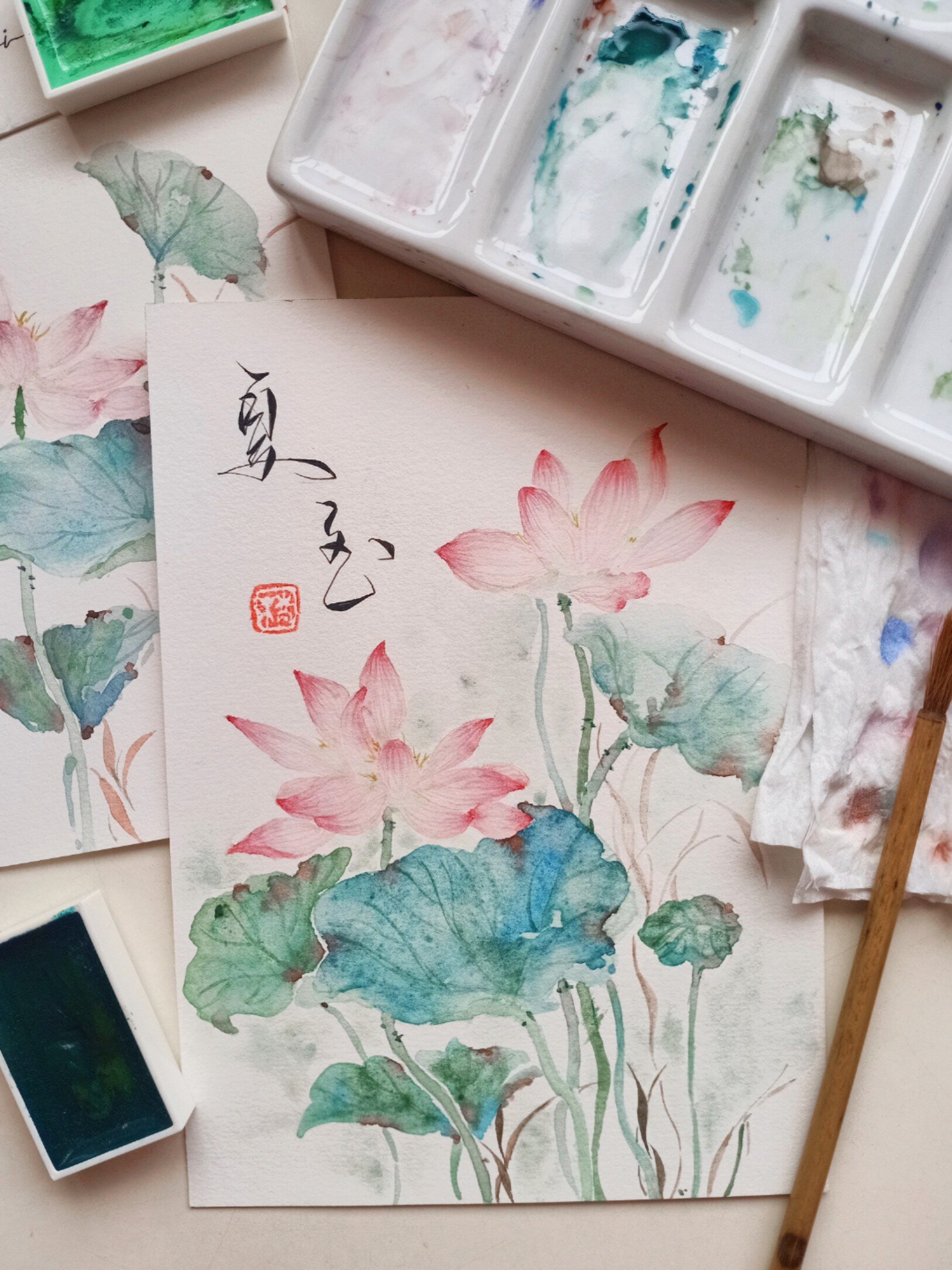 夏至|古风水彩荷花过程图