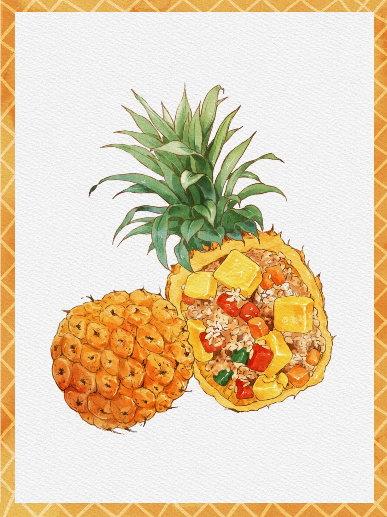 ipad水彩 | 钢笔淡彩 | 菠萝炒饭95绘画教程 甜甜的菠萝炒饭～95
