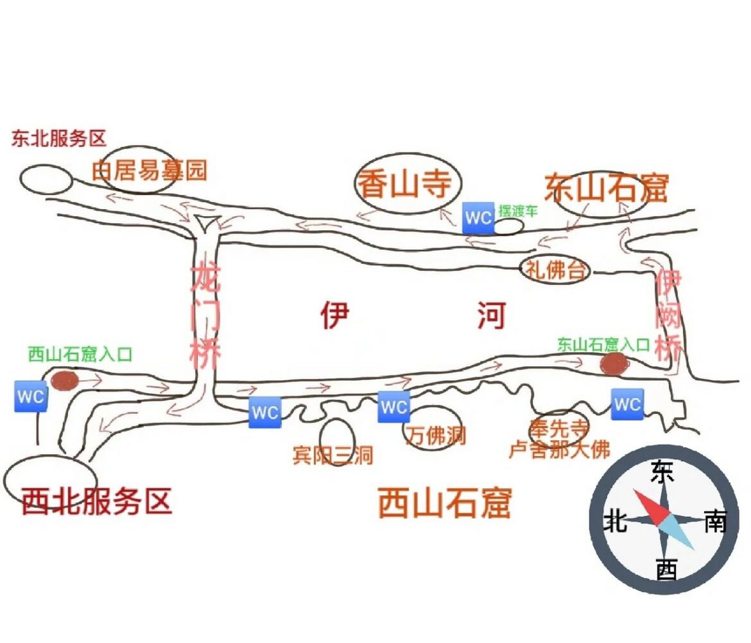 一眼看懂龙门石窟路线图 我们都是从西北服务区进来的 还有箭头指向