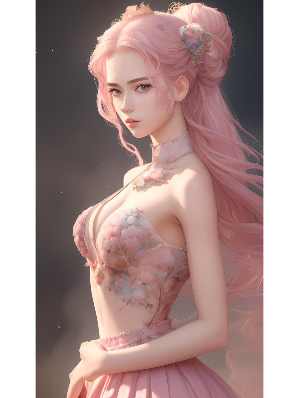 粉红长发优雅侧身女孩,动漫二次元绘画人物