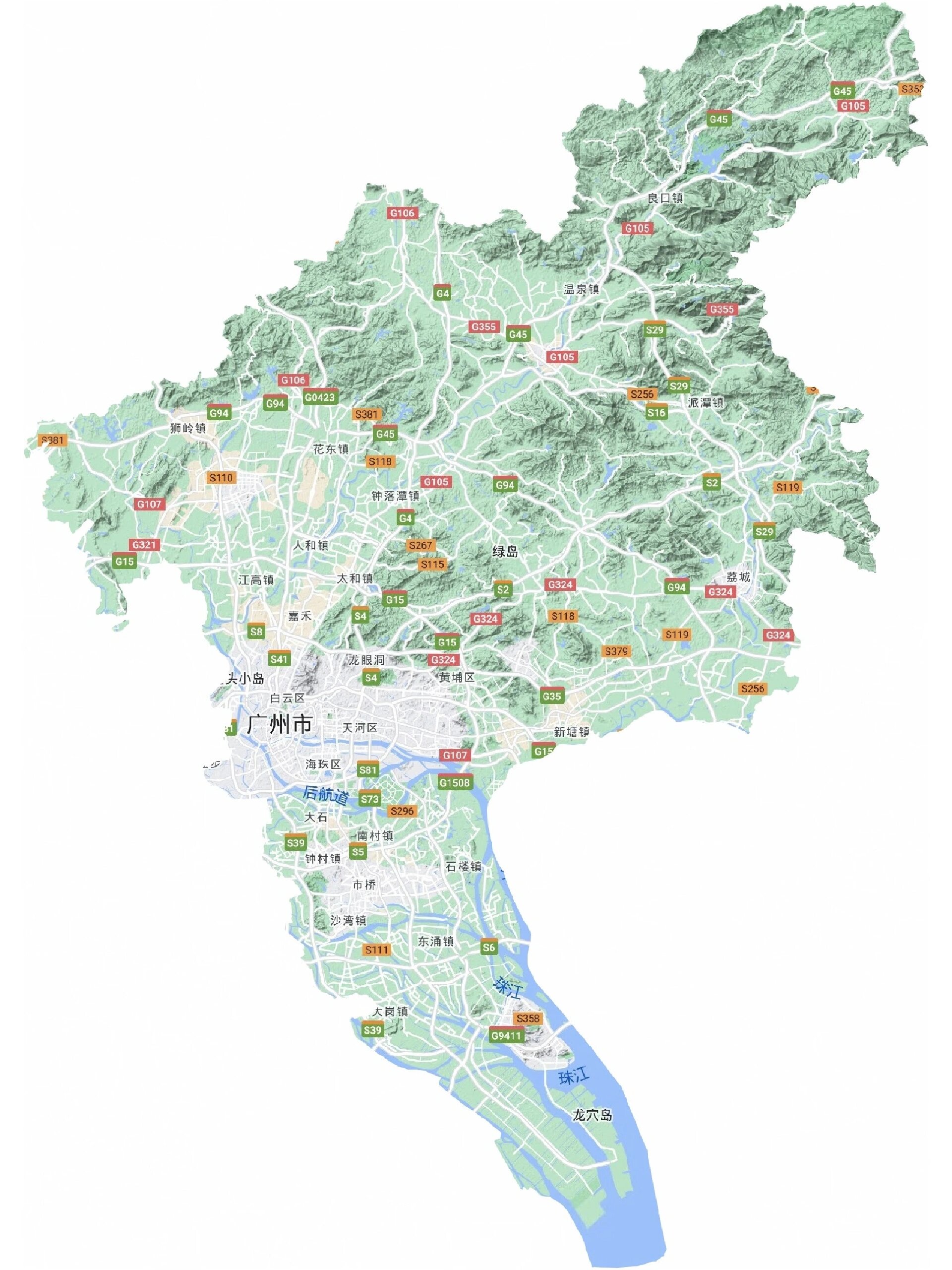 广州市地形图,广州面积约7399平方公里