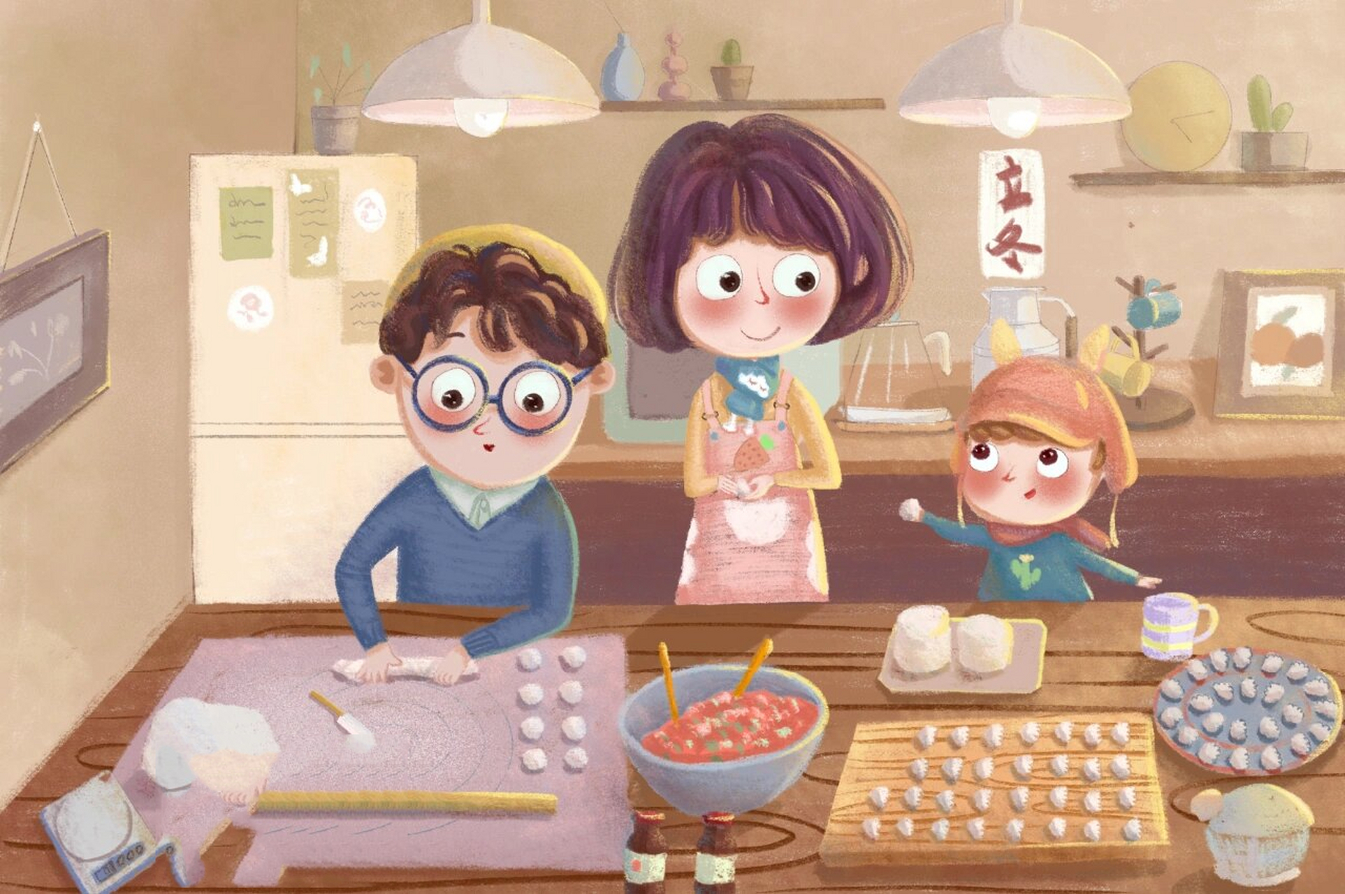 立冬/包饺子/一家三口/原创插画 寒冷的冬天,在一个温馨的厨房里,圆