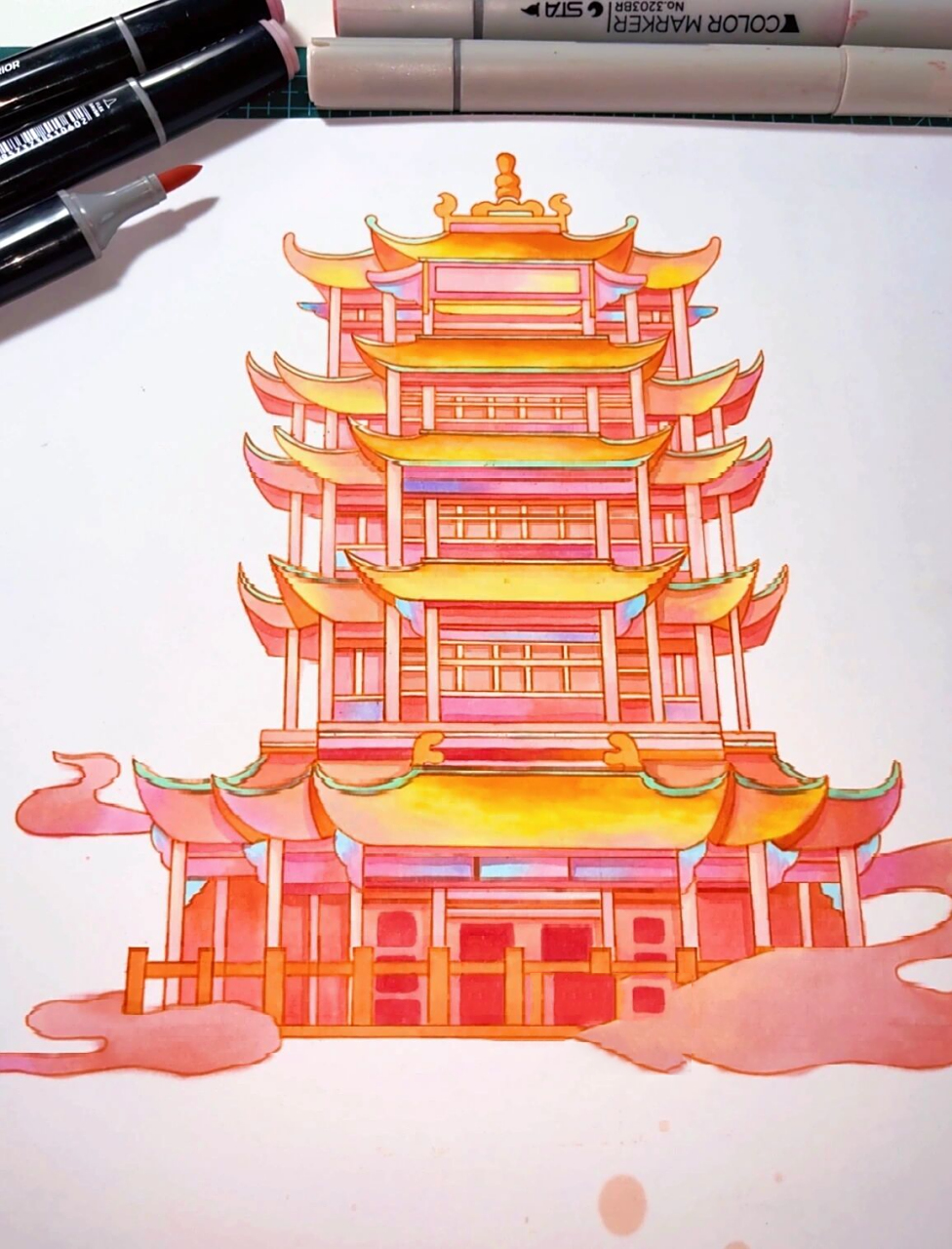 马克笔手绘|武汉94标志建筑-黄鹤楼 万能建筑元素-黄鹤楼 适用于