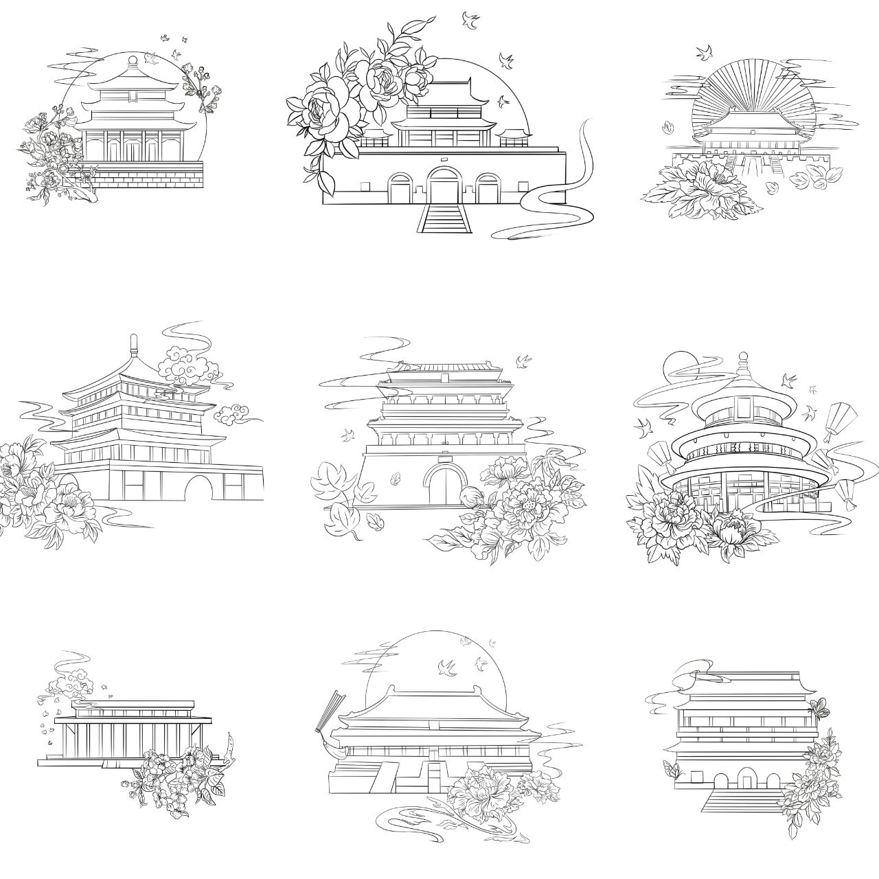 故宫建筑插画素材 故宫建筑素材插画可分享 各个宫殿剪影线稿图 ipg