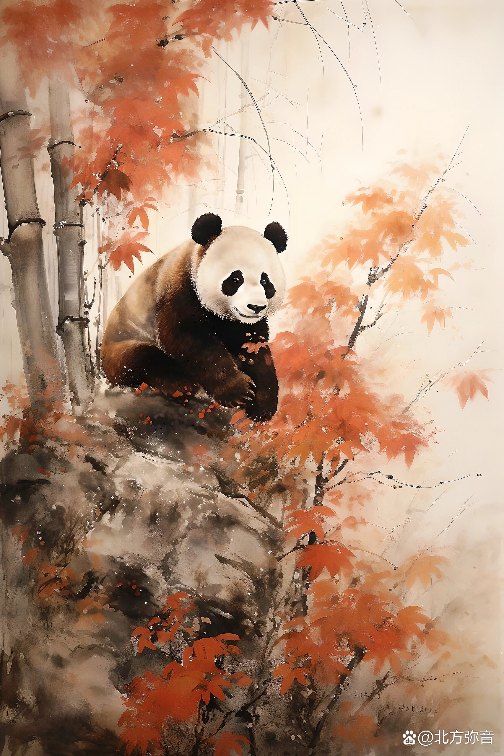绘画素材//国画风格竹子和熊猫