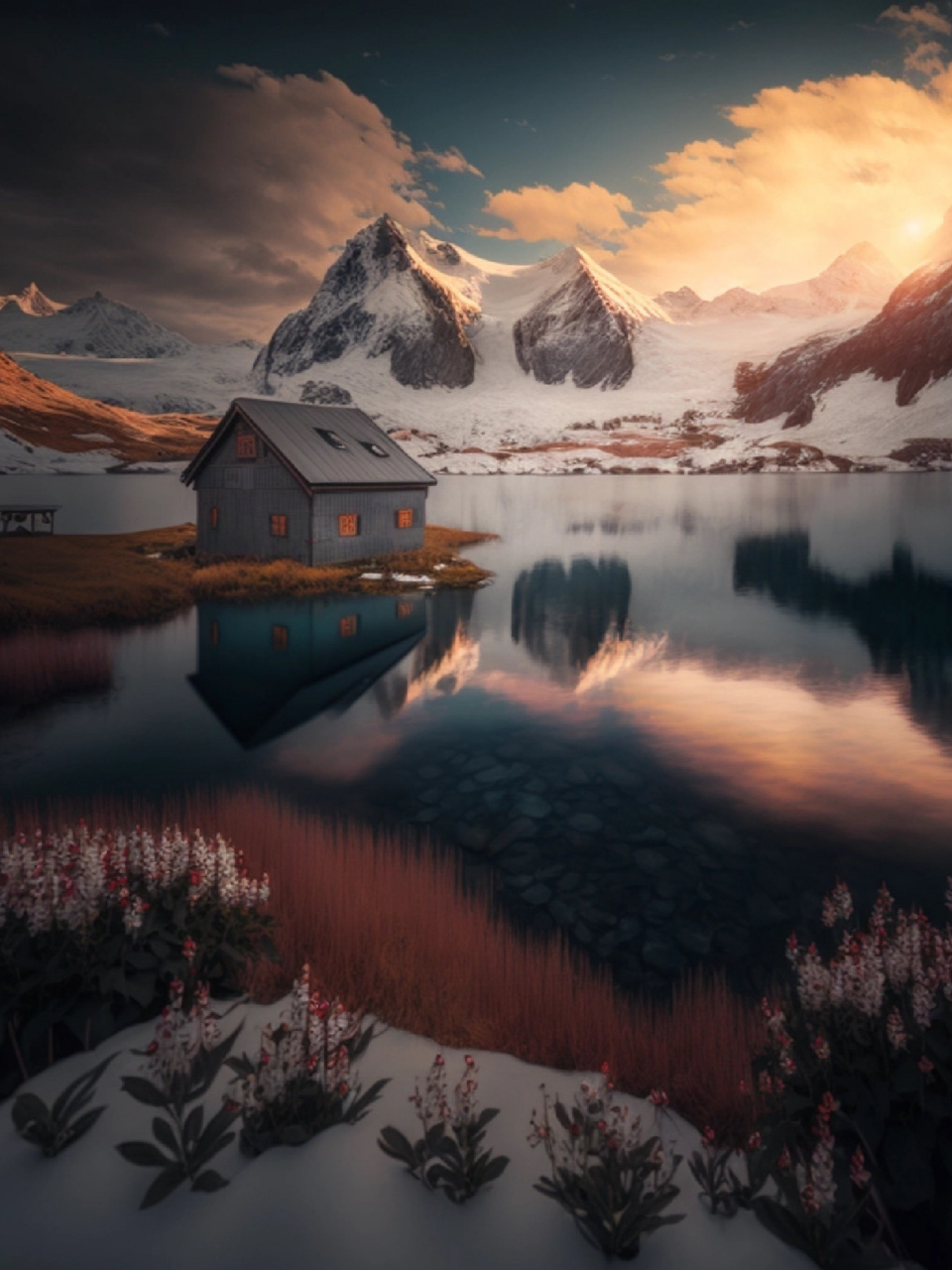 我用ai给自己安排了一间雪山下的湖景木屋 灵感来源于瑞士的雪山与