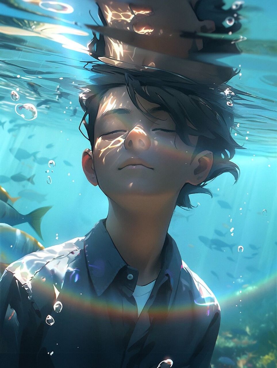 【10000个咒语02】水中的朦胧感   帅哥在水下游泳,在新海诚的风格,在