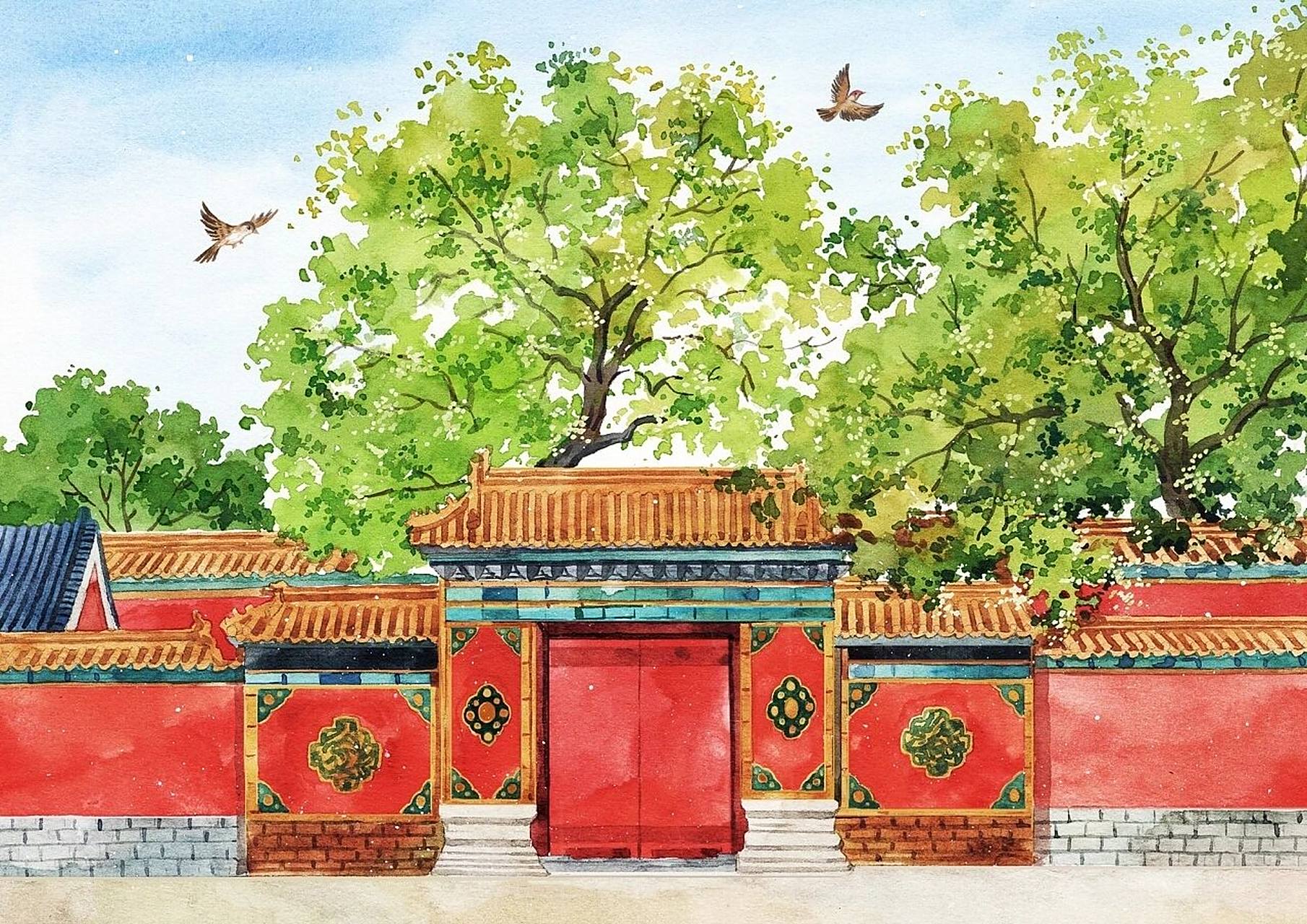 《故宫·夏》水彩手绘插画