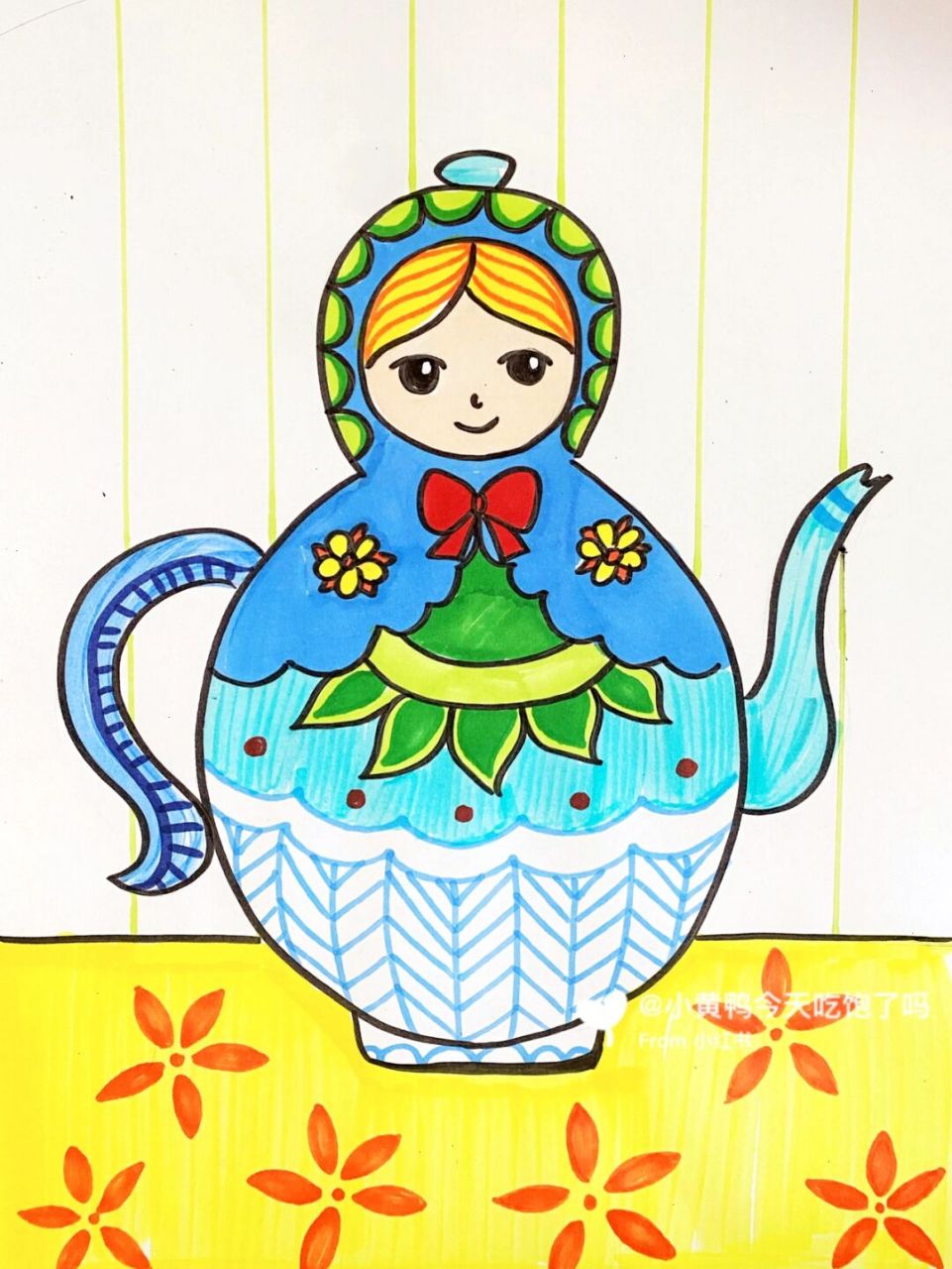 俄罗斯套娃儿童画 #卡通画# #马克笔# #儿童画# #俄罗斯特色主题画