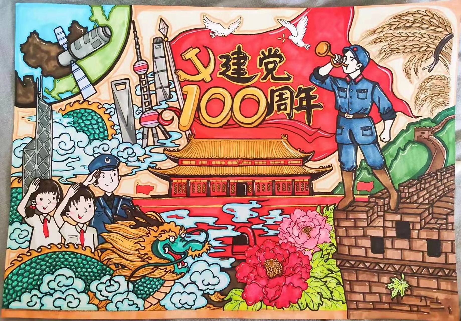 爱国爱党主题绘画,红色绘画～ 小侄女新的一期手抄报来了 喜欢的一定