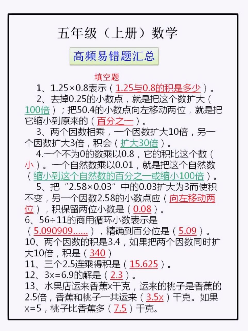 五年级上册数学易错点图片