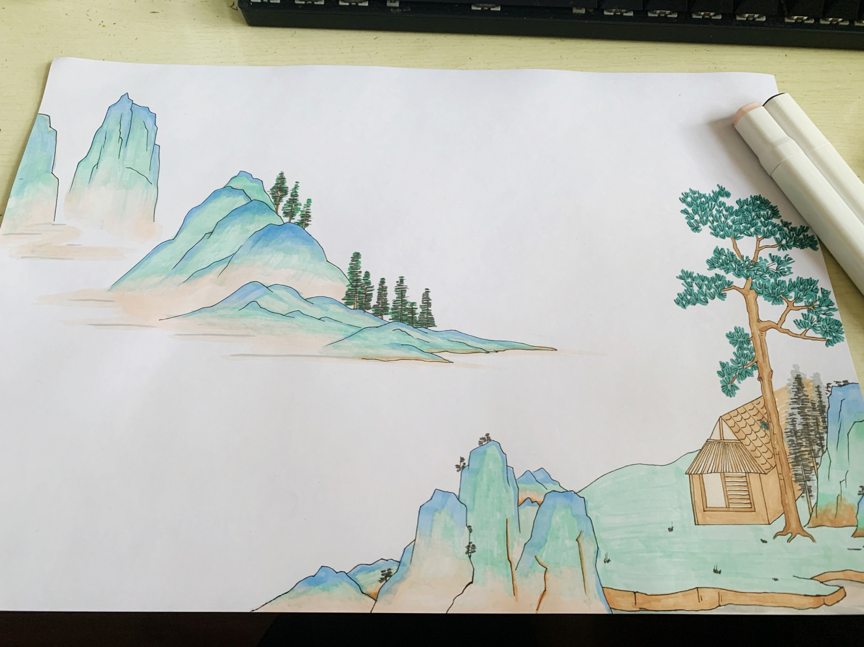 中国风青绿山水手抄报 还没想好配什么文字,一直很想画一幅这样的山水