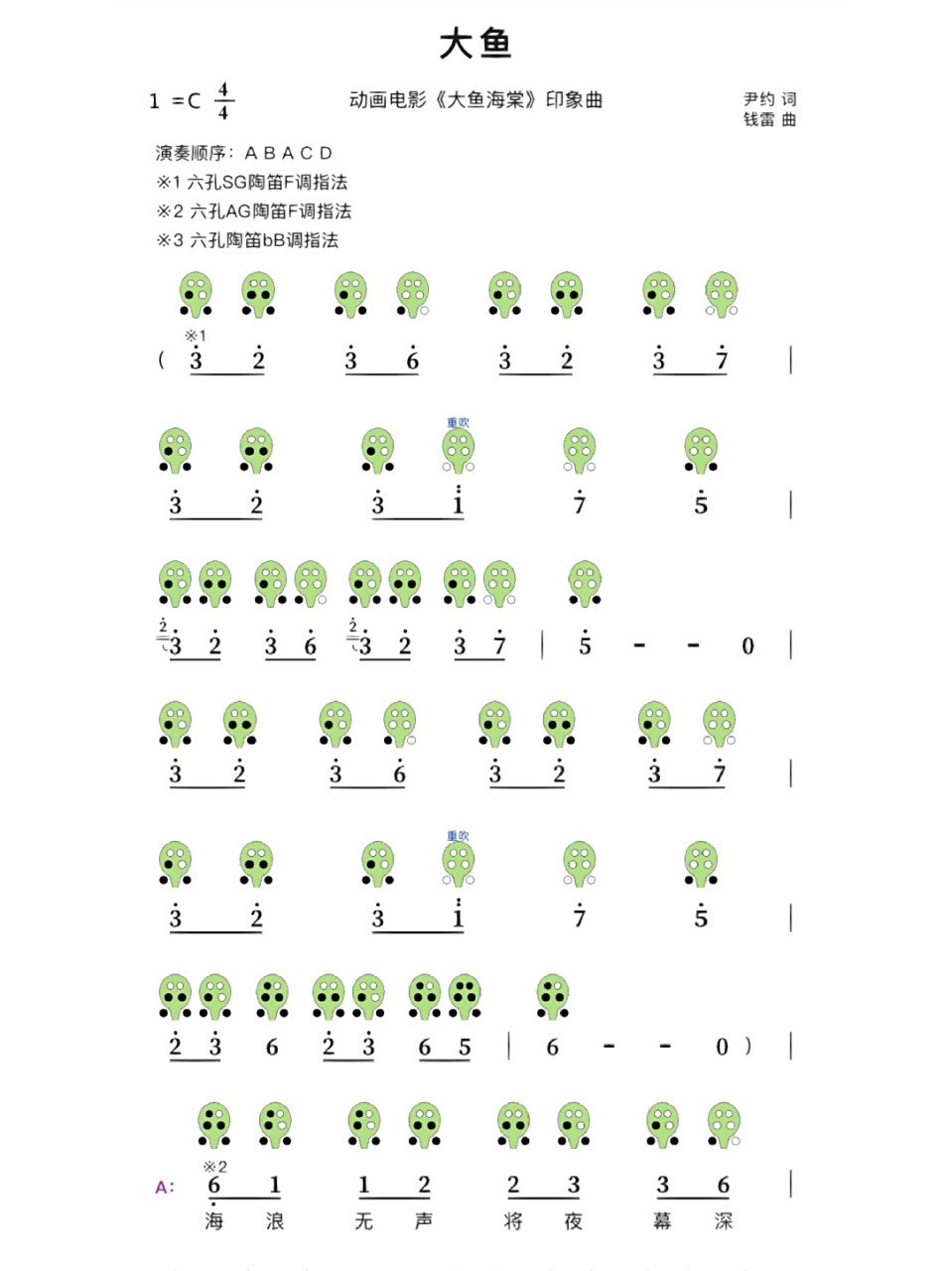 也可选用12孔ac陶笛f指法,吟唱部分换sf陶笛c指法,使用f调伴奏