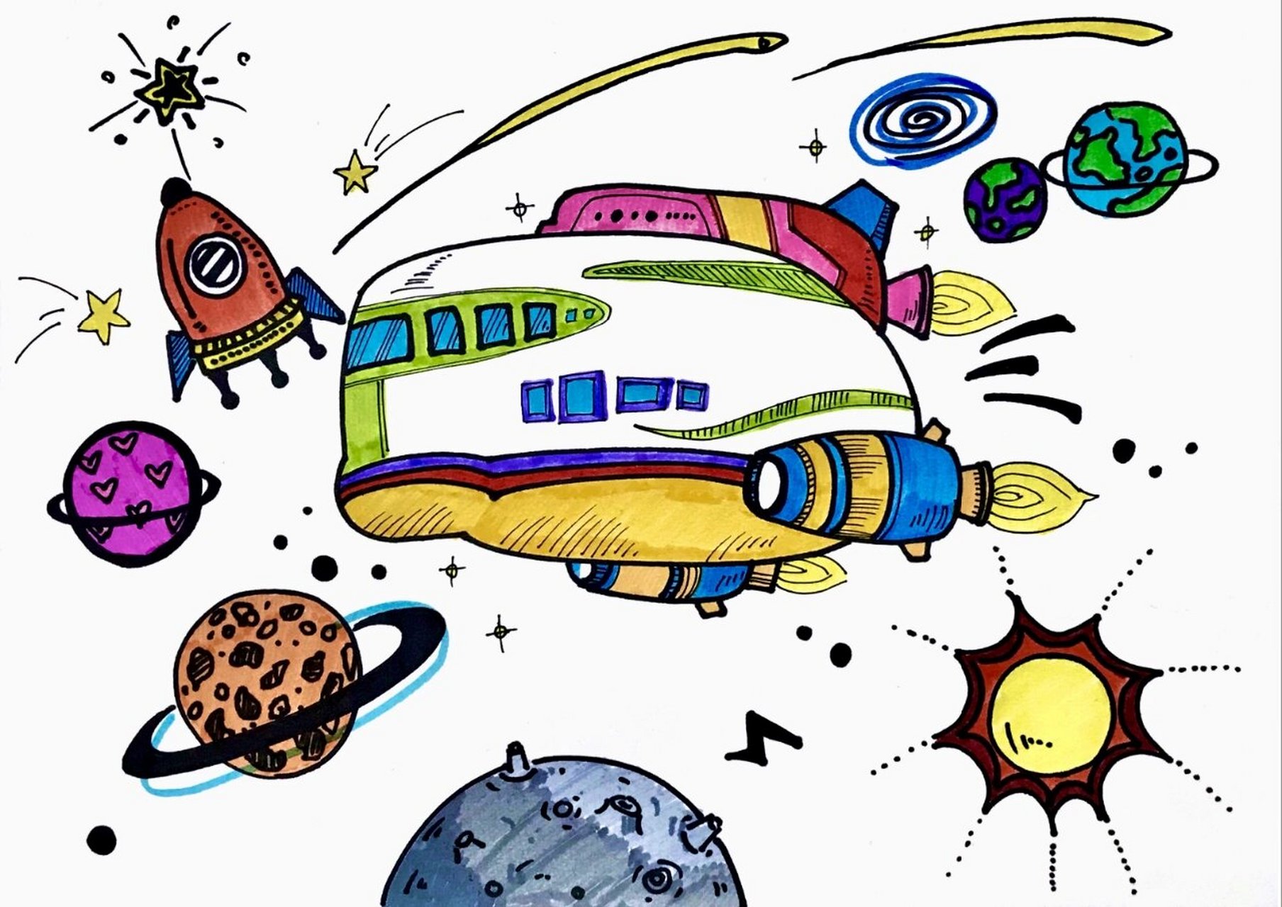 创意线描 ▏太空飞船 7岁可画 后面的背景可以用海绵点上去呦,最后再