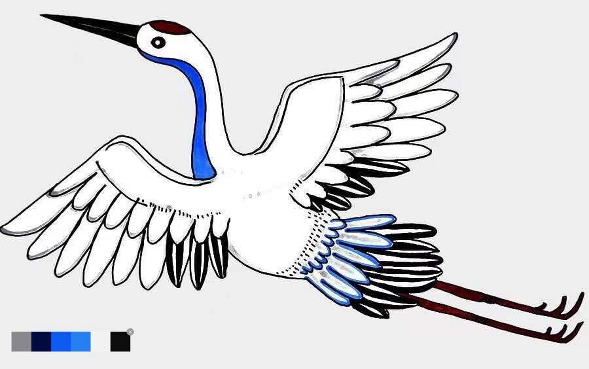 创意儿童画《飞翔的鹤》 1,在课堂中用剪纸拼贴的方式完成作品,锻炼了