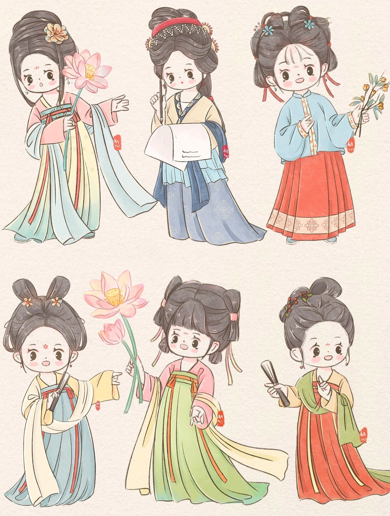 初心插画合集i一组可爱q版古风少女人物速写