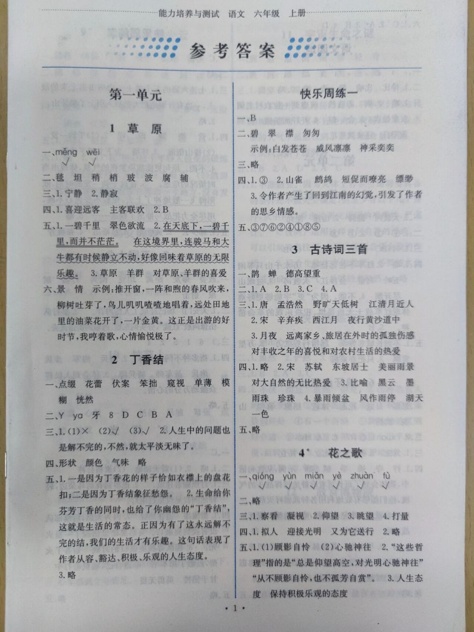 部编版教材六年级能力培养与测试答案 仅供参考,不可以直接抄答案哦