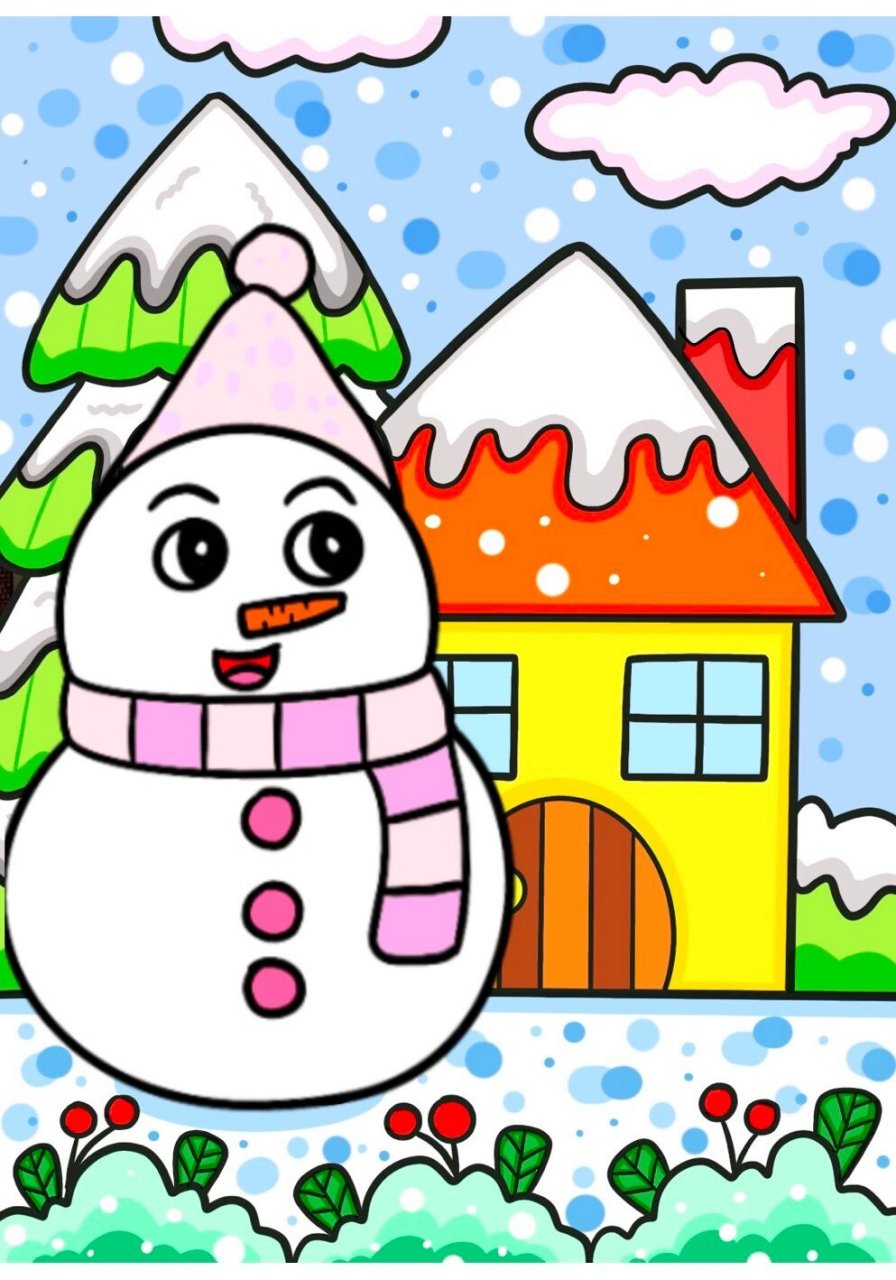 房子合集儿童画 水果 雪人 冬季房子卡通画 房子儿童画