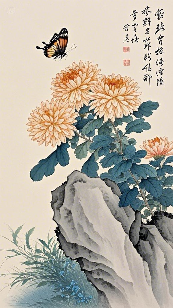 生长在石缝中的重瓣菊花开了,蝴蝶在花枝上飞舞,工笔重彩花鸟画,题跋