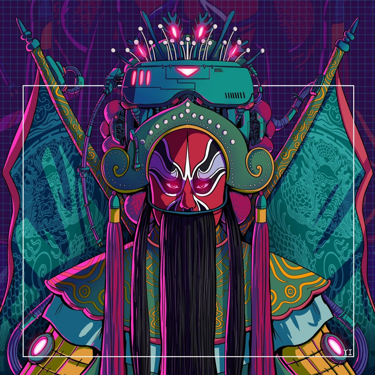 插画-赛博朋克中国风京剧脸谱关羽插画 赛博中国京剧脸谱 赛博朋克