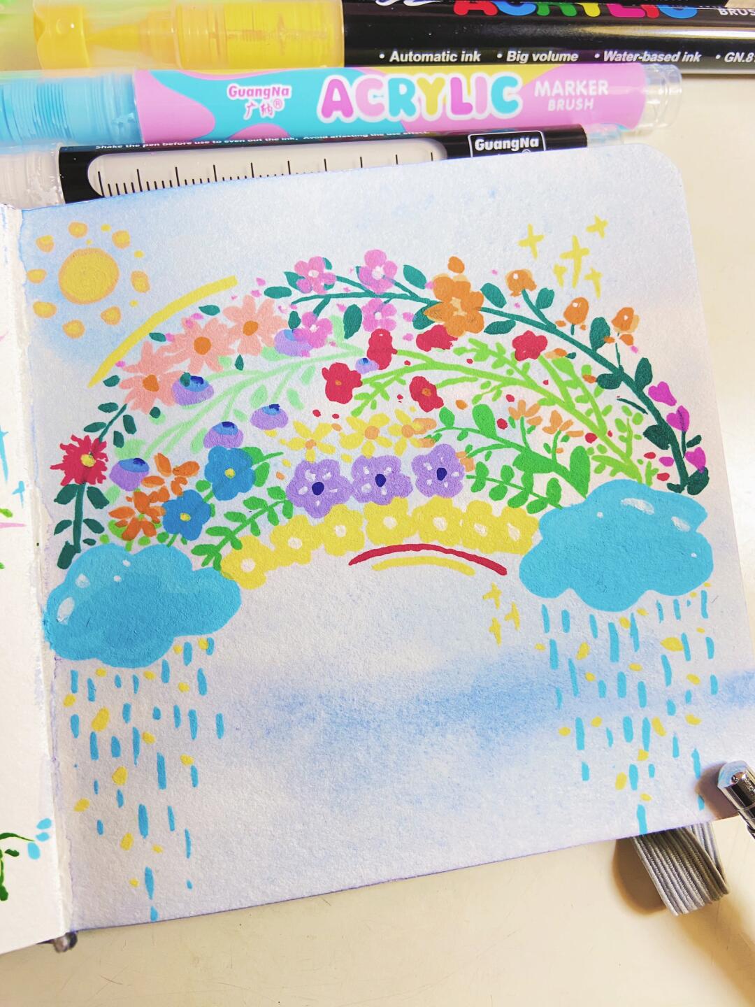 背景用的水彩,花花彩虹用的丙烯马克笔哦～ #画画的日常# #手绘